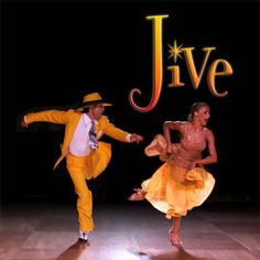 two people dressed in yellow dancing on stage with the words jive written above them