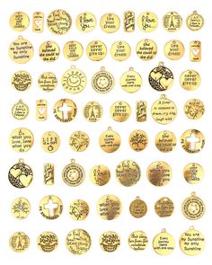 many different types of gold colored metal tags with names and symbols on them, all in various shapes and sizes