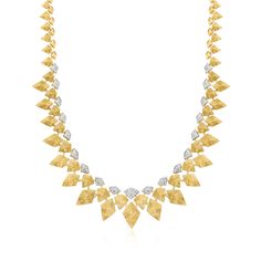 Ross-Simons - .50ct t. w. Diamond Geometric Bib Necklace Over Sterling. 18". Stunning doesn't begin to describe this beautiful statement piece. .50 ct. t. w. diamonds in white rhodium sparkle along a geometric design of polished 18kt yellow gold over sterling silver. Perfect for when you need some extra elegance and flair. Graduates from 1/4" to 7/8" wide. Figure 8 safety. Box clasp, diamond geometric bib necklace. Diamond birthstones are the perfect gift for April birthdays. Luxury Diamond-shaped Necklace For Formal Occasions, Luxury Necklace With Brilliant Cut Diamond Shape, Luxury Diamond-shaped Necklace With Brilliant Cut, Yellow Gold Diamond-shaped Necklace With Single Cut Diamonds, Luxury Yellow Necklace With Diamond Accents, Luxury Yellow Necklaces With Diamond Accents, Formal Yellow Necklace With Brilliant Cut, Luxury Diamond-shaped Necklace With Single Cut Diamonds, Luxury Yellow Diamond Necklace With Accents