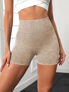 Features:Seamless \nActivity:Yoga & Studio \nWaist Line:High Waist \nFit Type:Skinny \nColor:Khaki \nPattern Type:Plain \nLength:Mini Shorts \nFabric:High Stretch \nMaterial:Fabric \nComposition:90% Polyamide \nComposition:10% Elastane \nCare Instructions:Machine wash, do not dry clean \nSheer:No \n Legging Shorts, Stretchy Shorts, Sports Shorts Women, Women Sports, Sports Shorts, Short Leggings, Mini Shorts, Yoga Studio, Wide Waistband