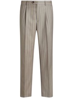 beige pinstripe pattern pleat detailing pressed crease mid-rise belt loops front button and zip fastening two diagonal pockets to the sides two rear button-fastening jetted pockets straight leg Tailored Pinstripe Tapered Leg Pants, Tailored Pinstripe Dress Pants With Tapered Leg, Tailored Tapered Leg Pants With Vertical Stripes, Pinstripe Tapered Leg Business Bottoms, Tailored Pants With Vertical Stripes And Tapered Leg, Pinstripe Tapered Leg Pants For Formal Occasions, Tailored Pinstripe Bottoms With Welt Pockets, Tailored Striped Straight Pants, Tailored Striped Dress Pants With Welt Pockets