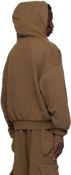 Enzyme-washed brushed 275 gsm organic cotton fleece hoodie. · Zip closure · Welt pockets · Rib knit hem and cuffs · Dropped shoulders · Full waffle knit lining Supplier color: Brunette Cozy Brown Sweatshirt With Ribbed Cuffs, Relaxed Fit Hooded Sweatshirt With Ribbed Collar, Brown Crew Neck Hoodie With Ribbed Cuffs, Heavy Hoodie, Entire Studios, Thermal Hoodie, Cotton Fleece, Waffle Knit, Fleece Hoodie