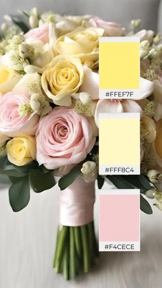 a wedding bouquet with pink, yellow and white flowers on the bottom is shown in color swatches