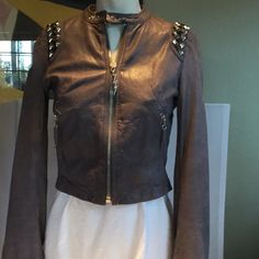 This Beautiful Grey Leather Jack With Studs Size Xs By Faith Connexion Is In Excellent Condition With No Flaws. It Looks Unworn. This Jacket Was Originally Over $1500. Designer Fitted Leather Jacket With Long Sleeves, Designer Fitted Biker Jacket With Zipper Closure, Designer Fitted Biker Jacket With Zipper, Luxury Fitted Biker Jacket For Spring, Grey Leather Jacket, Faith Connexion, Women Of Faith, Grey Leather, Leather Jacket