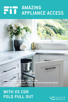 the cover of an appliance magazine with white cabinets and drawers in front of a window