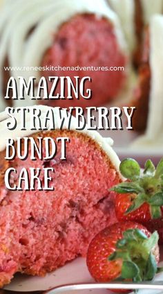 a slice of strawberry bundt cake on a plate