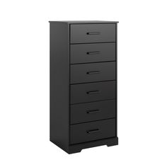 a tall black dresser with five drawers on it's sides and one drawer open