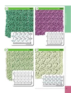 four rows of crocheted squares with different colors and sizes, each showing the same stitch