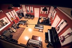 an overhead view of a room with musical instruments