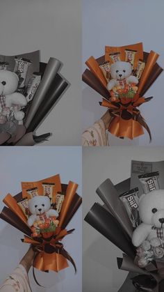 four pictures of teddy bears wrapped in brown paper and tied with ribbon, each holding a chocolate bar