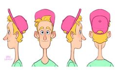 three different views of a man's head with pink hats