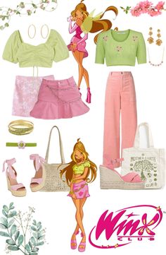 the barbie doll is dressed in pink and green clothing with accessories including shoes, handbags, purses, and necklaces