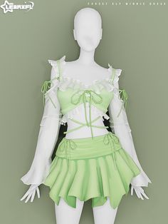 a female mannequin wearing a green and white outfit with ruffles on it