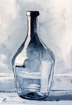 a watercolor painting of a glass bottle with ice in it