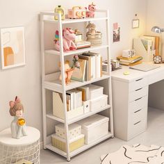 a room with a desk, bookshelf and toy animals on top of it