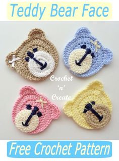 four crocheted teddy bears are shown with the words teddy bear face on them