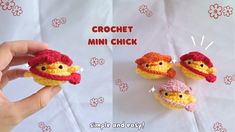 crochet mini chick is shown in two different pictures