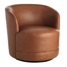 a brown leather chair sitting on top of a white floor