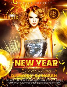 new year celebration flyer template with woman in sequins and fireworks on the background