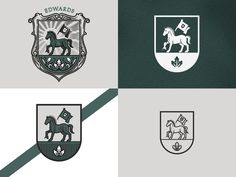 four different crests with horses on them and the letter ewward in white