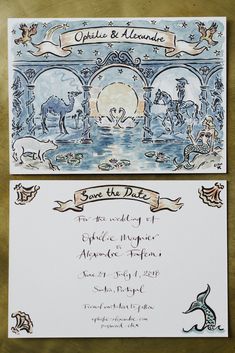 two wedding cards with blue and white designs on them