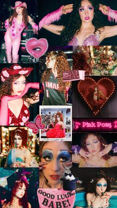 the collage shows many different images of women in costumes and hair, including hearts