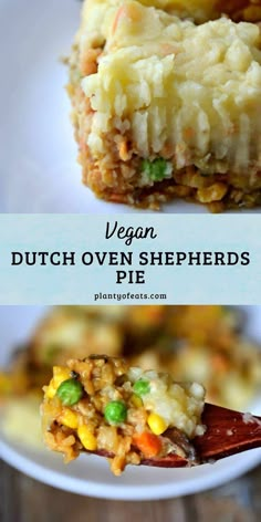 vegan dutch oven shepherd's pie on a white plate with text overlay