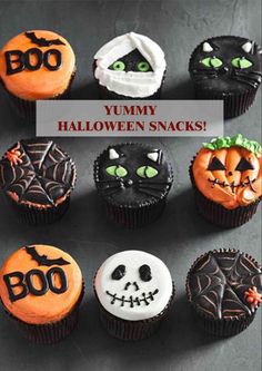 halloween cupcakes decorated with icing and spooky decorations