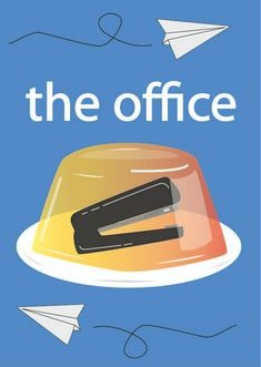 an image of the office with paper planes flying around it and a hat on top