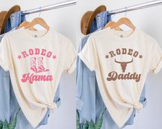 "🤠 Experience the perfect blend of comfort and style with our Comfort Colors Rodeo Mama Shirt. Crafted for Western mamas who love the rodeo, this pink Rodeo Shirt is designed to make a statement. Complete your family's matching birthday outfits with our Rodeo Daddy Tee for an unforgettable celebration. So what are you waiting for? Click ADD TO CART now! 👕 PRODUCT INFO The Comfort Colors 1717 shirt is made of 100% ring-spun cotton, pre-shrunk, and double-needle stitched for added durability. It offers a relaxed fit and a wide range of colors, and the pigment-dyed fabric gives the shirt a vintage, lived-in look. This shirt is budget-friendly, versatile and comfortable, making it a perfect choice for anyone looking for a durable t-shirt. ✏️ DESIGN Designs are printed onto the shirt using Di Matching Birthday Outfits, Matching Birthday Shirts, Rodeo Shirts, Cowgirl Birthday, Cowboy Birthday