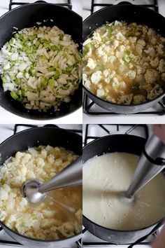 four pictures show how to cook rice in a skillet