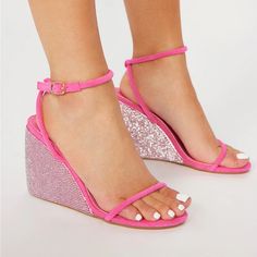 Fashion Nova New Pink Wedges Size 8 Rhinestone Wedges, Hot Pink Wedges, Fashion Nova Heels, Yellow Wedges, Pink Wedges, Fashion Nova Shoes, White Sandals Heels, Tan Wedges, Wedges Sandals