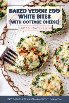 baked veggie egg white bites with cottage cheese on a plate with a fork