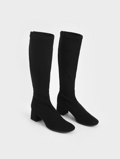 Black Textured Block Heel Knee Boots - CHARLES & KEITH US Evening Mid-calf Boots For Fall, Fitted Suede Knee-high Boots With Block Heel, Knee-high Suede Heeled Boots, Suede Knee-high Boots For Winter Night Out, Winter Suede Knee-high Boots For Night Out, Medium Width Tall Knee-high Boots For Winter, Black Wide Calf Knee-high Boots, Black Knee-high Boots For Wide Calves, Evening Knee-high Heeled Boots