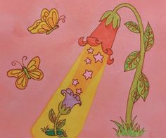 a drawing of flowers and butterflies on a pink background