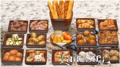 there are many different types of breads and pastries in baskets on the table