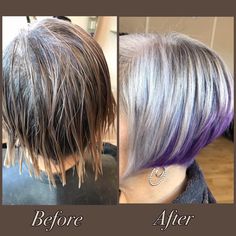 Added some fun colour 😍 Grey Hair With A Pop Of Color, Silver Hair With Purple Highlights, Grey Hair With Purple Highlights, Purple Lowlights, Lilac Hair Dye, Shorter Hairstyles, Purple Hair Highlights, Fav Hairstyles