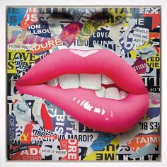 an image of a woman's mouth with pink lipstick on the lips and words all over it