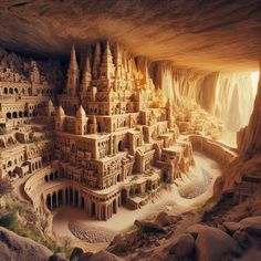 an artistic view of a cave with many buildings and caves in the desert, including one that looks like it is made out of sand