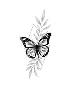 a black and white drawing of a butterfly with leaves on it's back side