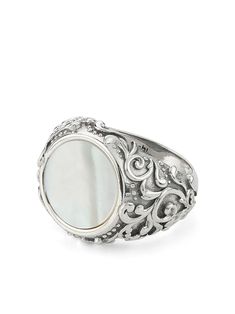 sterling silver textured finish mother-of-pearl slip-on style Elegant Mother Of Pearl Round Rings, Luxury Silver Mother Of Pearl Jewelry, Elegant Carved White Rings, Elegant White Carved Rings, Elegant Round Mother Of Pearl Ring, Oval Mother Of Pearl Ring With Polished Finish, Silver Oval Mother Of Pearl Rings, Silver Oval Rings With Mother Of Pearl, Elegant Engraved Mother Of Pearl Jewelry