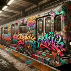 a subway car covered in lots of graffiti