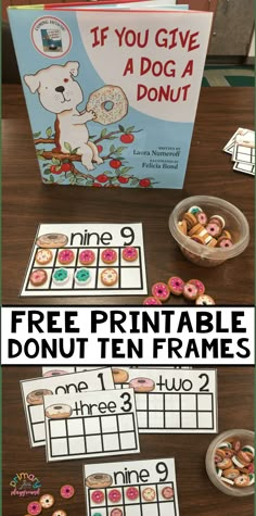 the printable donut ten frames are on display in front of an open book