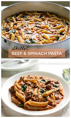 two different images of pasta and beef in a skillet, with the title above it