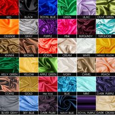 many different colors of satin fabric with the names and abbreviations in each color scheme