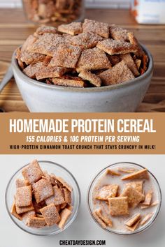 homemade protein cereal is shown in two bowls and on top of another bowl, with the title