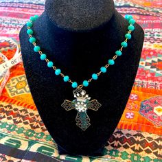 Crown On Cross Necklace. New Never Worn. Turquoise Like Beads With Stones On Cross And Crown. 28” Chain 2 3/4” Cross. Turquoise Beaded Chain Costume Jewelry, Denim Skirt Women, Chain Necklaces, Skirt Women, Womens Jewelry Necklace, Denim Skirt, Cross Necklace, Nike Shoes, Jewelry Necklaces