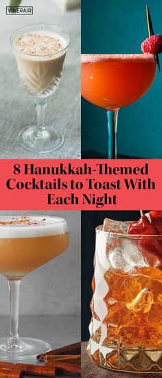 four different cocktails with text overlay that reads 8 hankkah - themed cocktails to toast with each night