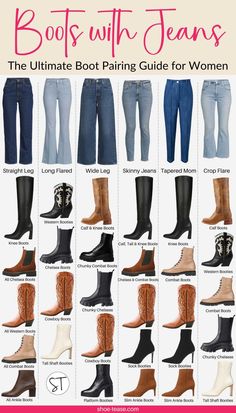 [PaidLink] Looking To Wear Boots With Jeans But Unsure Which Ones To Choose? Check Out Shoetease's Guide On What Boots To Wear With Jeans Of All Styles! #casualwomensshoeswithjeans Clothes With Boots Casual Outfits, How To Pair Shoes With Jeans, Jean Shoe Guide, Boot Looks For Women, Fashionable Boots Women, Denim And Shoes Pairing, Jean And Boot Outfits, What To Wear With Jeans In Winter, Which Shoes To Wear With Jeans