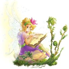 a fairy reading a book sitting on top of a plant